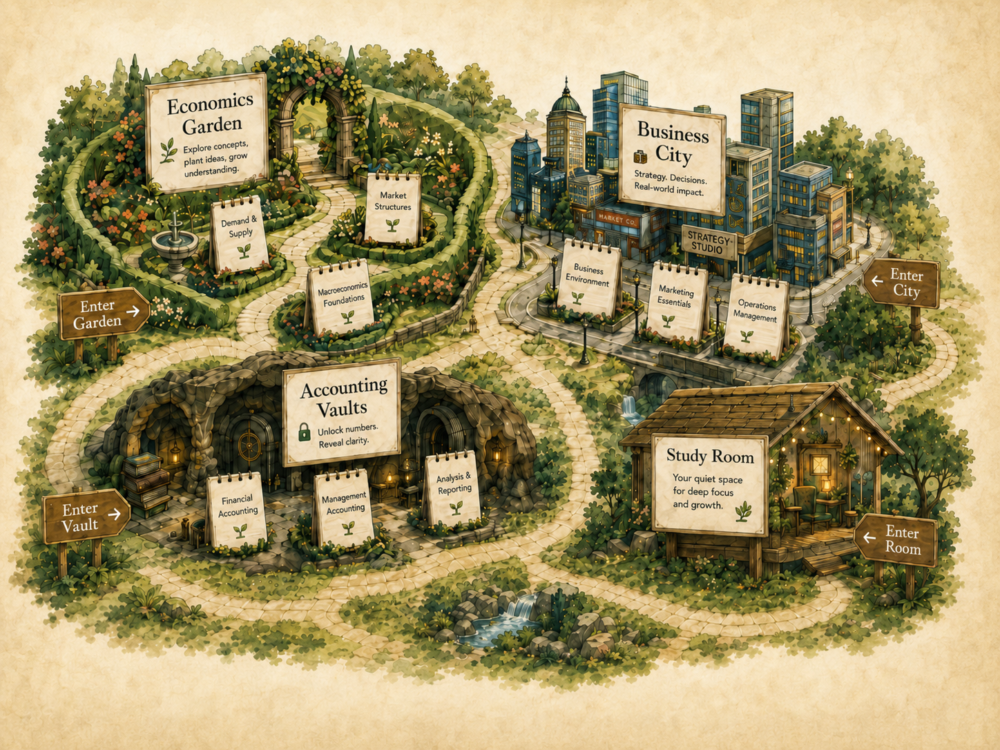 Illustrated learning map with Economics Garden, Business City, Accounting Vaults and Study Room